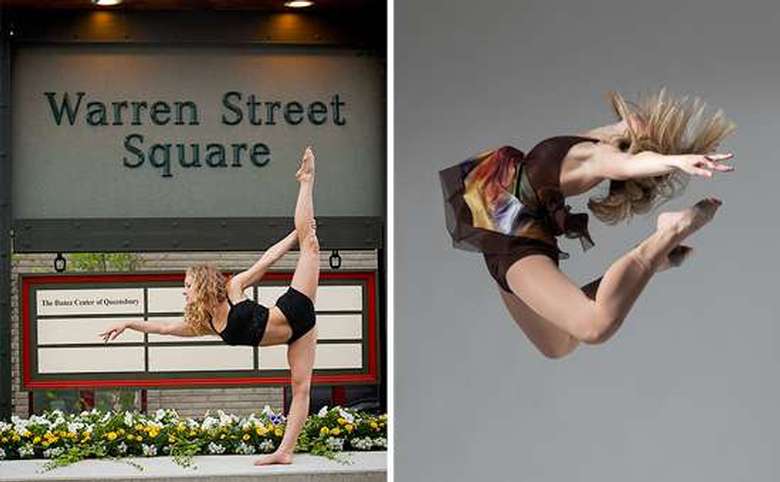 two images one of a girl with her leg in the air the other a girl jumping