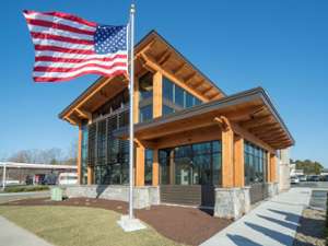 elegant looking bank with American flag outside