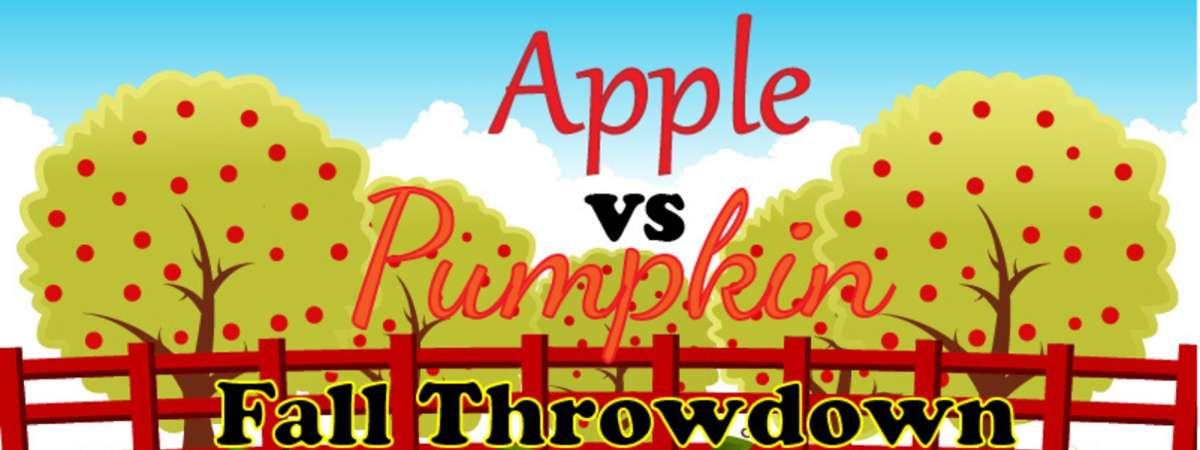 apple vs pumpkin graphic with apple trees on one side of fence and pumpkin patch on other