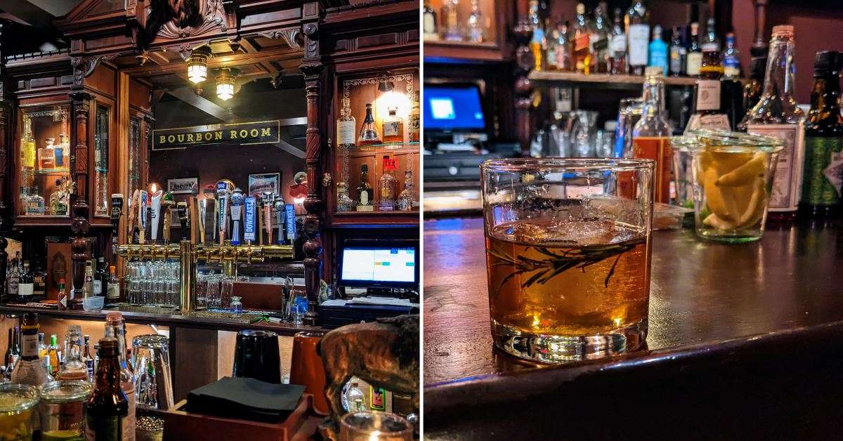 left image of a bourbon room sign and bar; right image of whiskey glass
