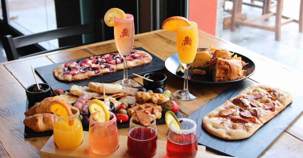 brunch spread with mimosas