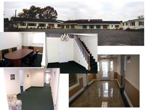 a collage of five photos of an office building