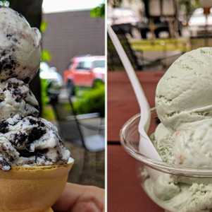cookies and cream ice cream cone on left, mint ice cream dish on right