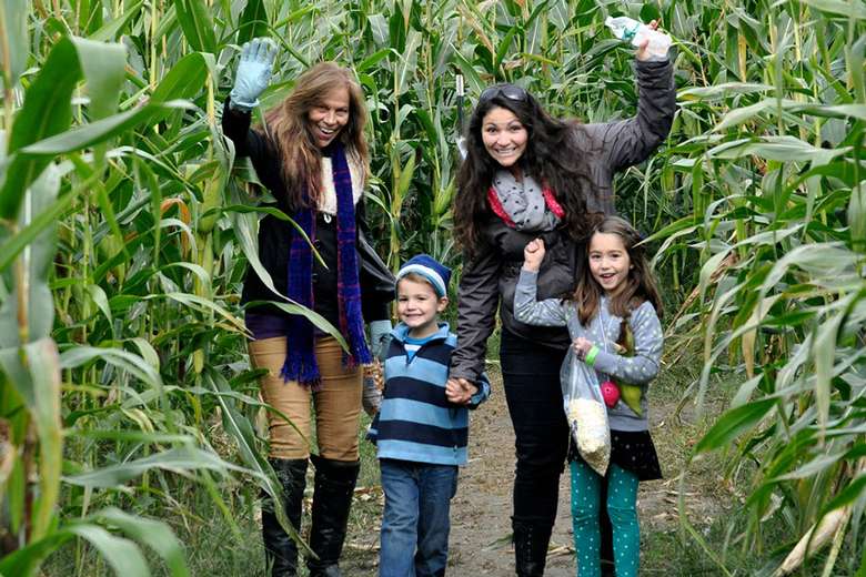 two adults and two kids standing in a corn maze