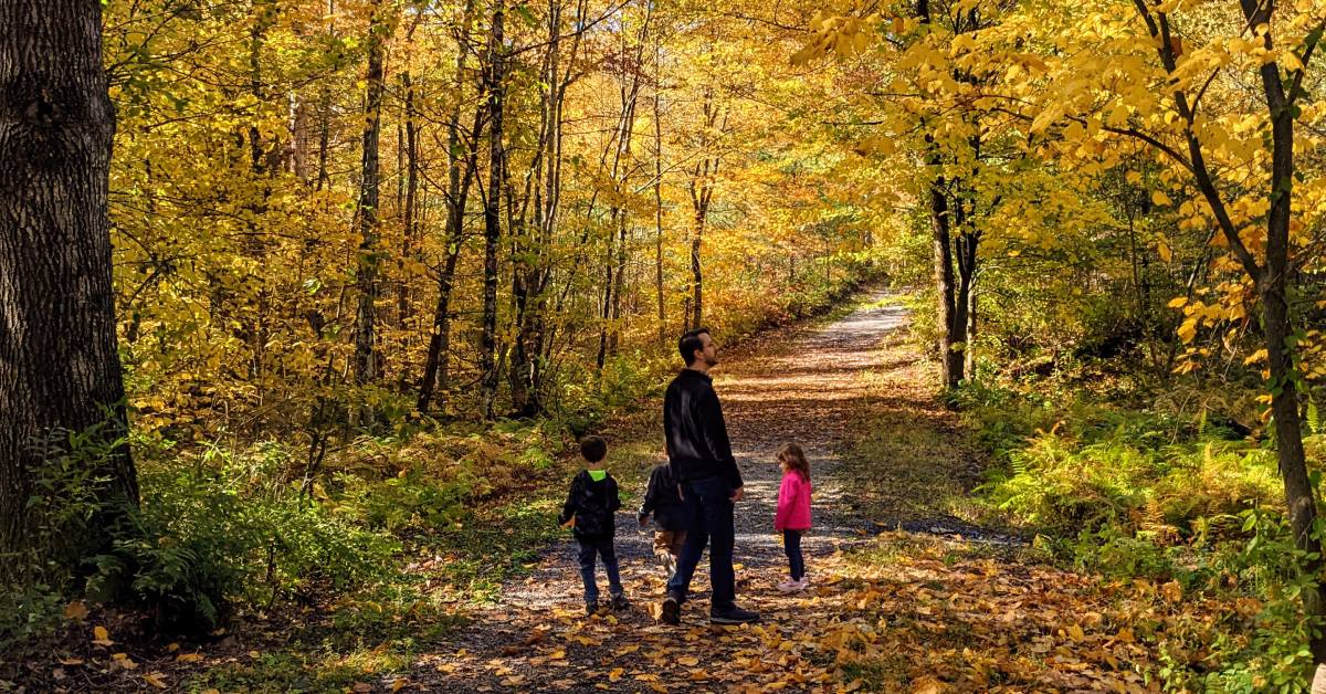 dad and kids walk on rush pond trail in the fall