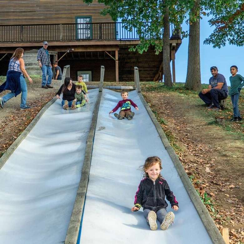 people riding down slides