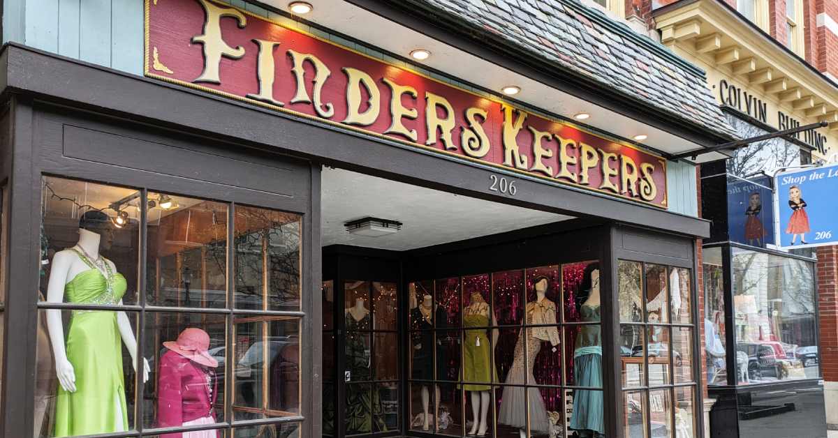 finders keepers storefront with stylish dresses in window