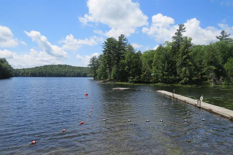 lake with dock, buoy lines and floating dock. trees in the distance