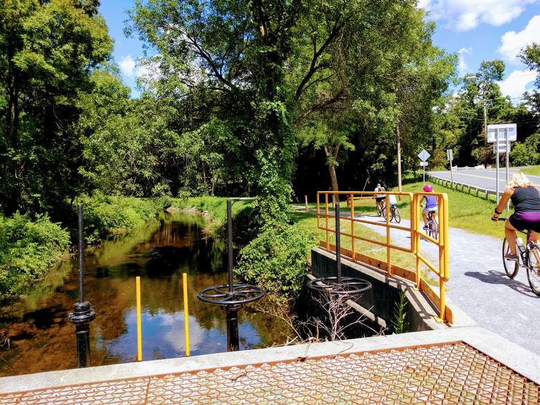 people biking on trail by canal