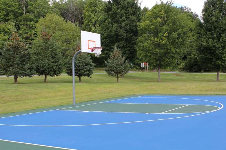 a blue basketball court at an outdoor park