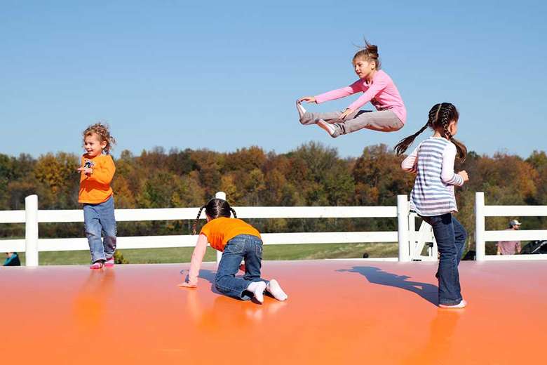 four kids bouncing on a jump pad
