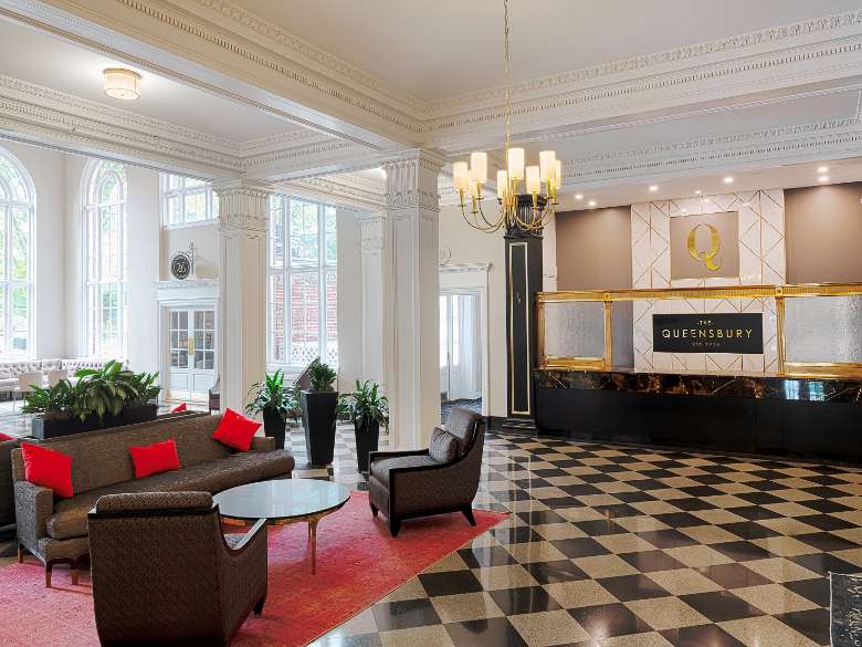 Hotel lobby, front desk and furniture