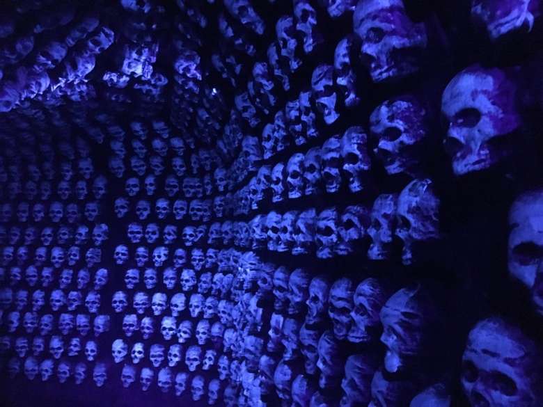 wall covered in skulls in blue light