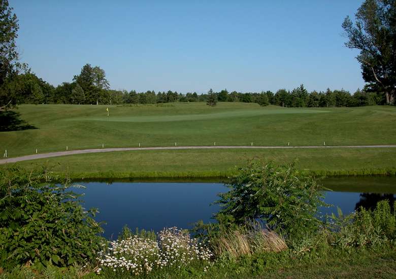 well-manicured golf course with a water feature
