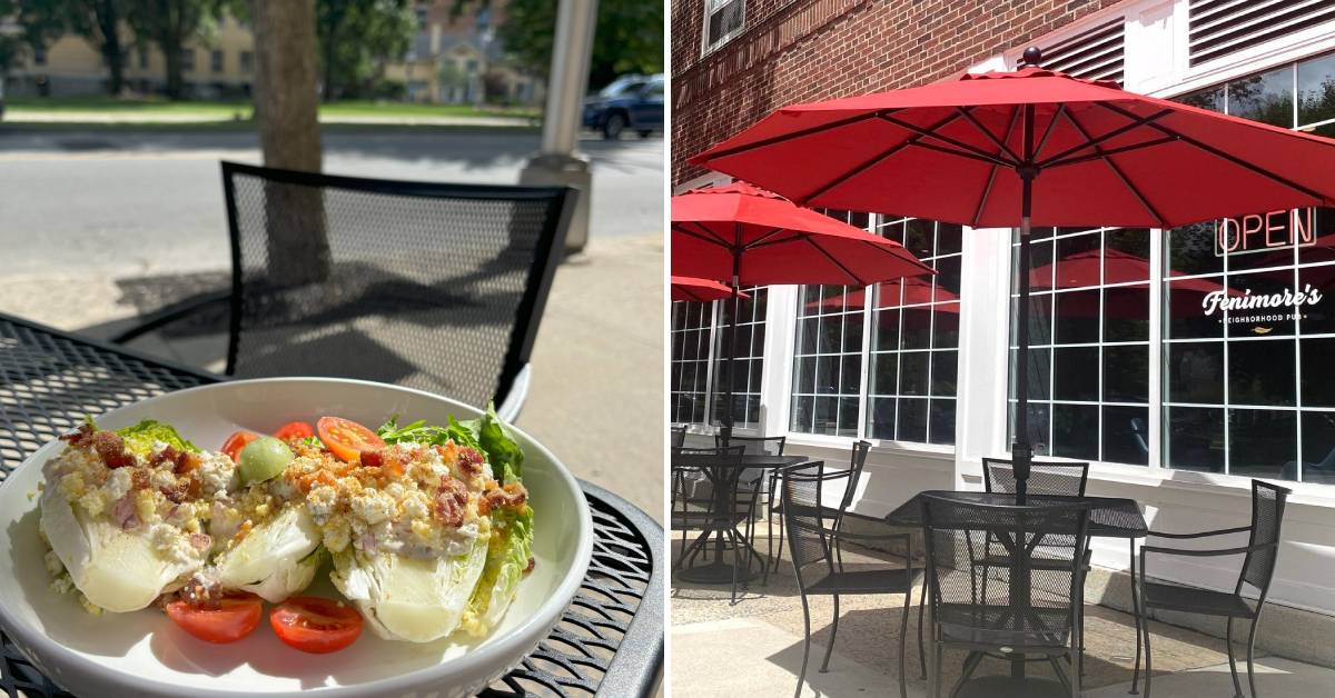 patio dining salad on the left, tables and chairs outside restaurant on right