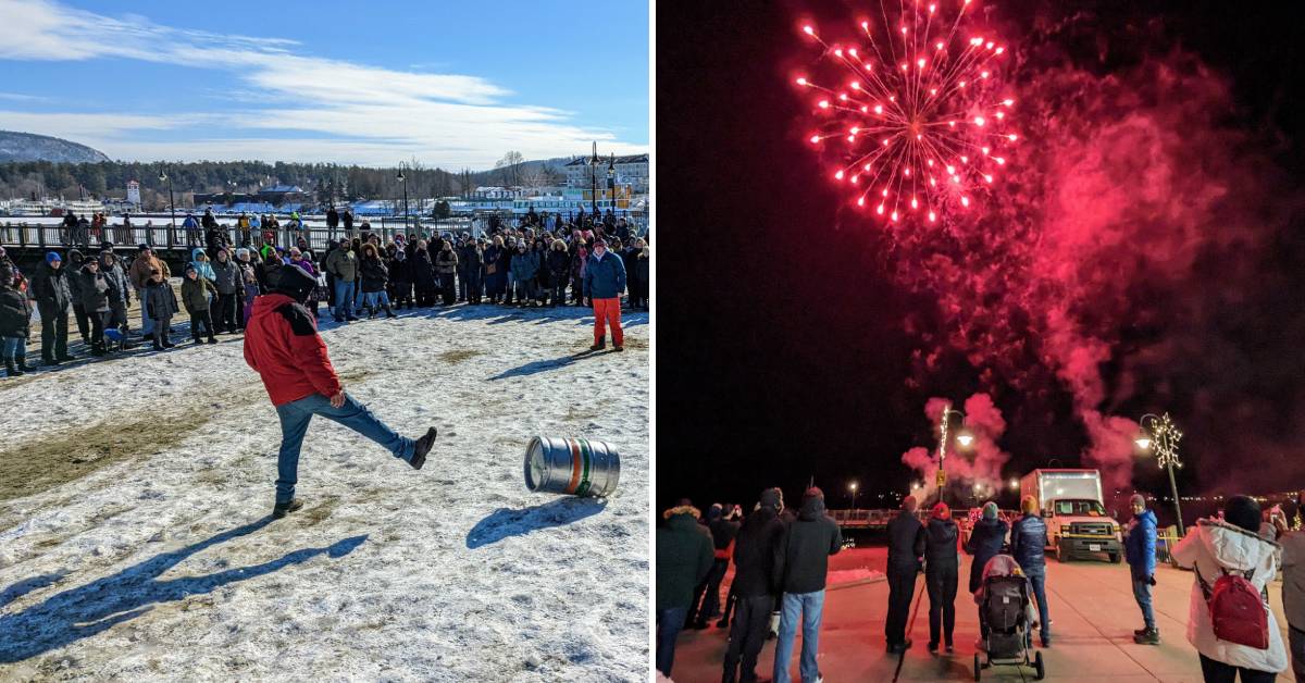 keg toss and fireworks at lake george winter carnival