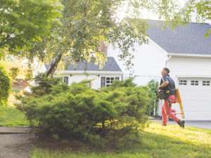 woman carrying small yellow ladder toward a white house